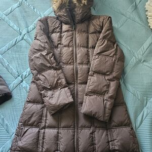 Weatherproof Garment Company Women's Brown Quilted Coat with Faux Fur Hood Small